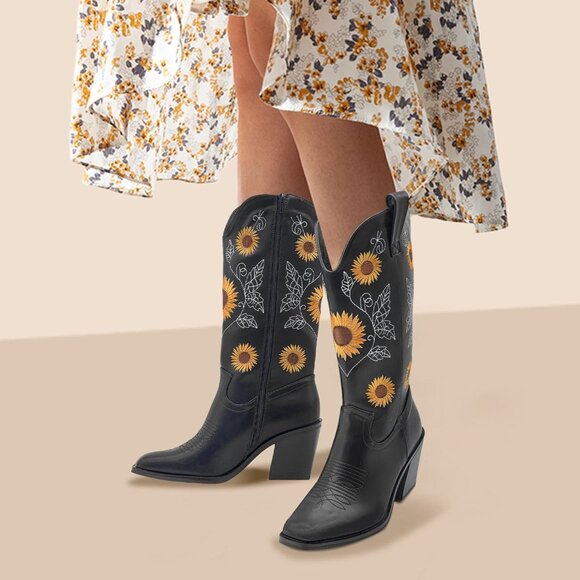 Nzzoo Western Boots Women Black Cowboy Wide Mid Calf Cowgirl Shoes - Picture 3 of 7